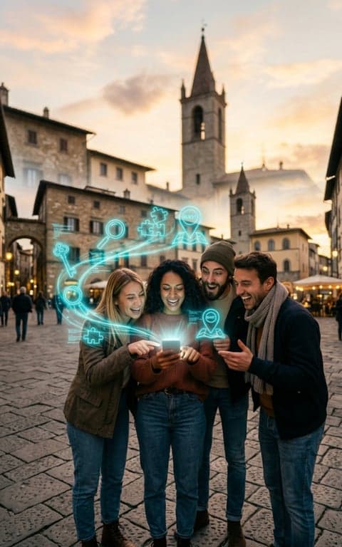 Team playing an outdoor escape room in the city